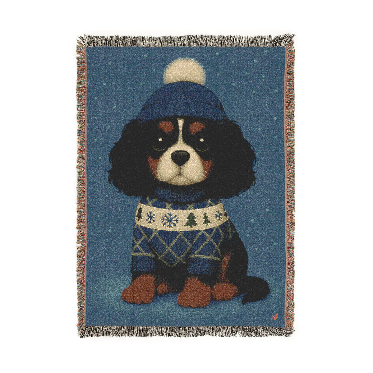 Cavy Comfort woven throw blanket, full front view, Tricolor Cavalier King Charles Spaniel puppy design with fringed edges