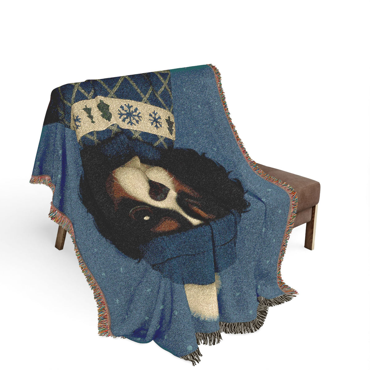 Tricolor Cavalier woven cotton blanket draped over a brown armchair, close view of the design and fringe