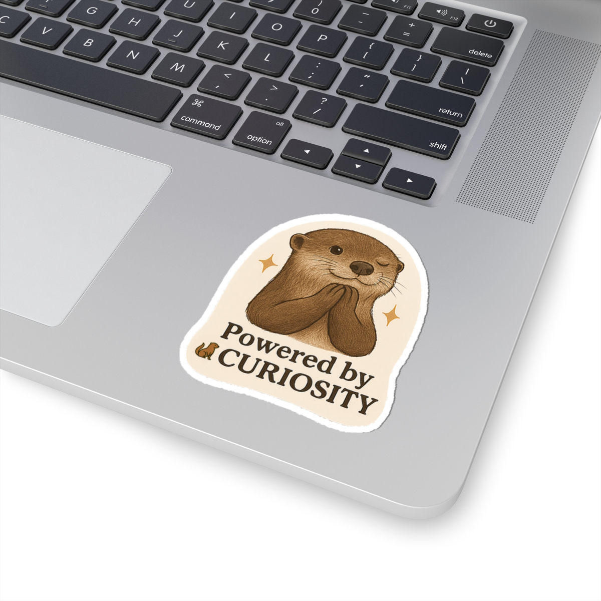Powered by Curiosity Otter Sticker — Cute Waterproof Kiss-Cut Vinyl Sticker