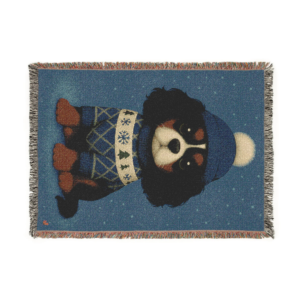 Tricolor Cavalier woven cotton blanket laid flat, landscape view showing the full design and fringe