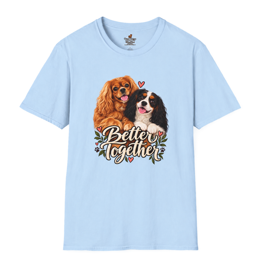 Front view of the light blue Better Together T-shirt with ruby and tricolor Cavalier artwork.