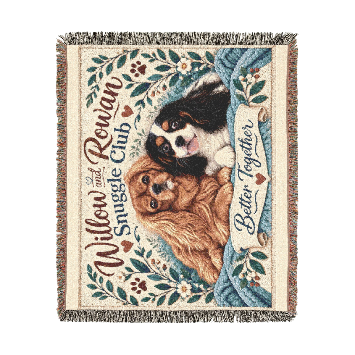 Willow & Rowan Cavalier blanket shown vertically, with the full front design and colorful fringe.